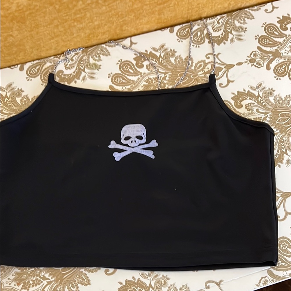 Black Crop Top with Skull Design EUC